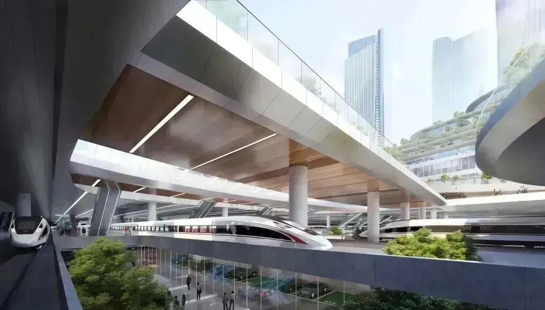 西丽高铁枢纽(规划效果图)。图源:中铁第四勘察设计院集团 西丽高铁枢纽(规划效果图)。图源:中铁第四勘察设计院集团